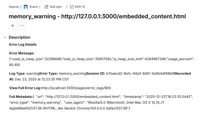 JIRA ticket creation from HeyHum error logs